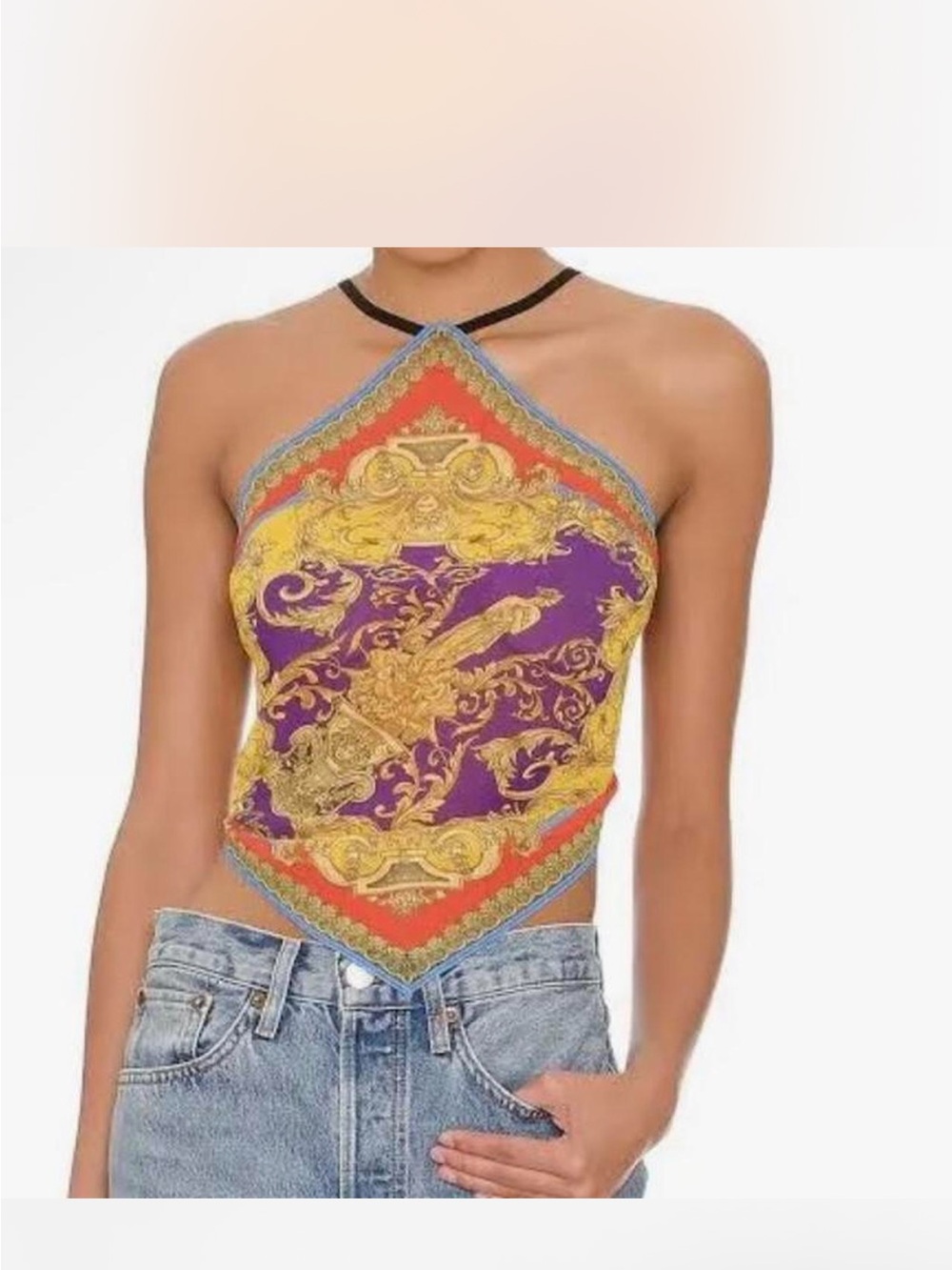 Versace Purple, Gold & Red Halter Scarf-Print Crop Top